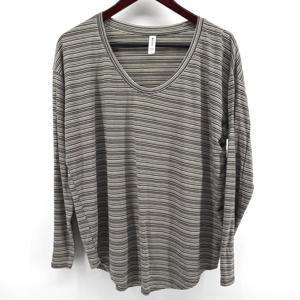 Athleta Women Large Black White Striped Long Sleeve Relaxed Casual Athleisure